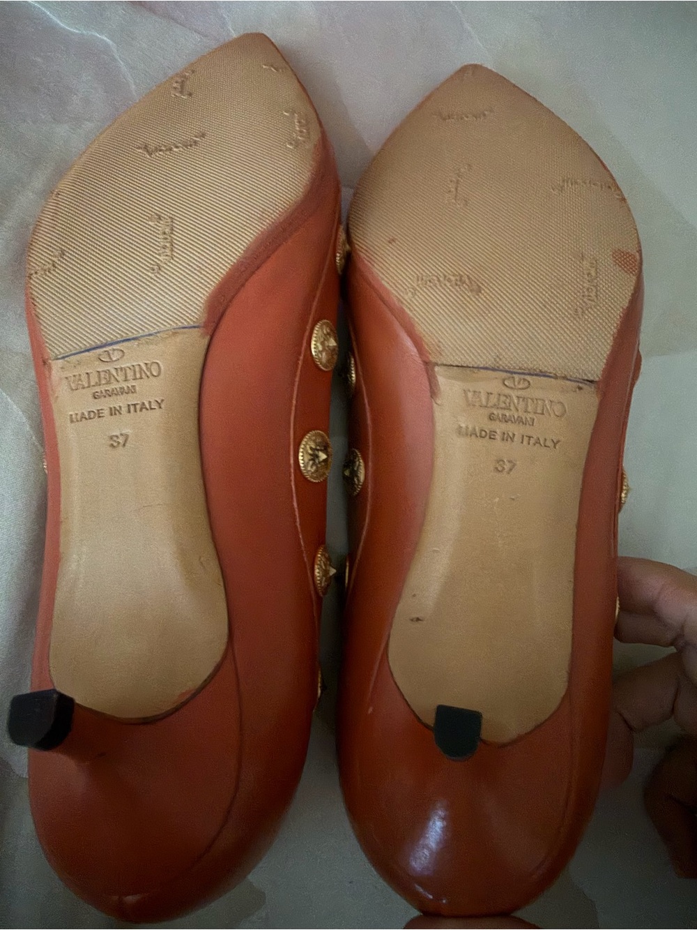 Valentino Pointed Toe Leather Flats in Rust with Gold Medallions - Picture 2 of 4